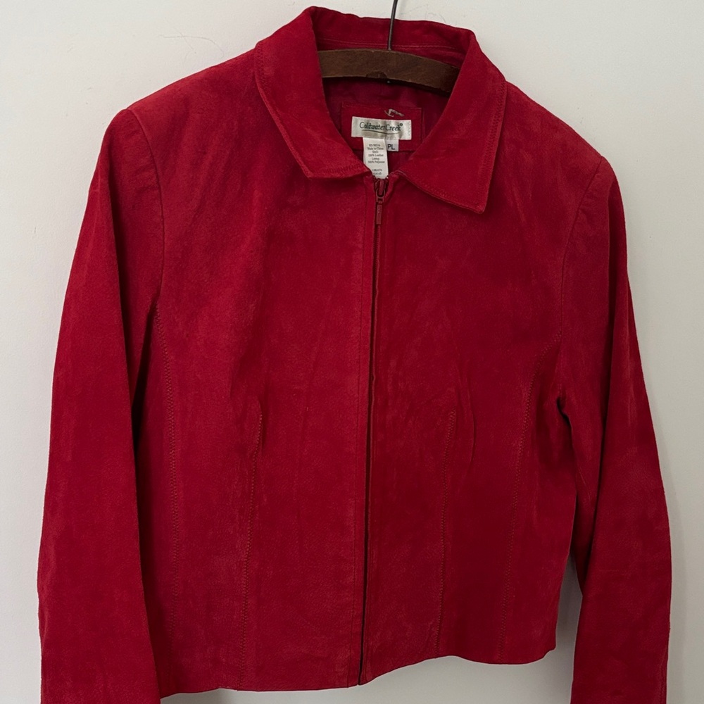 Coldwater Creek red suede jacket, cropped, boxy, zip front, size LP